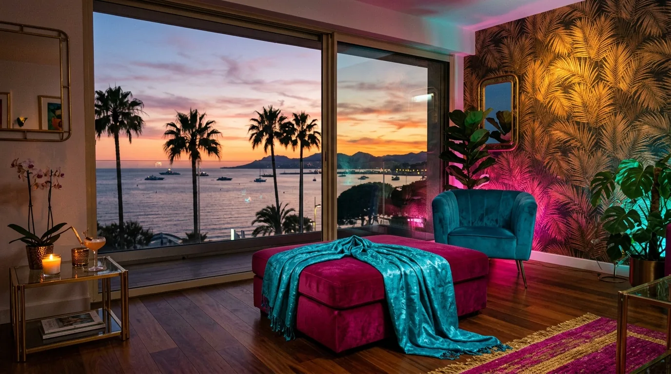Appartement de Bianca à Cannes pour le tel rose trans — décor tropical Copacabana Hot turquoise et magenta