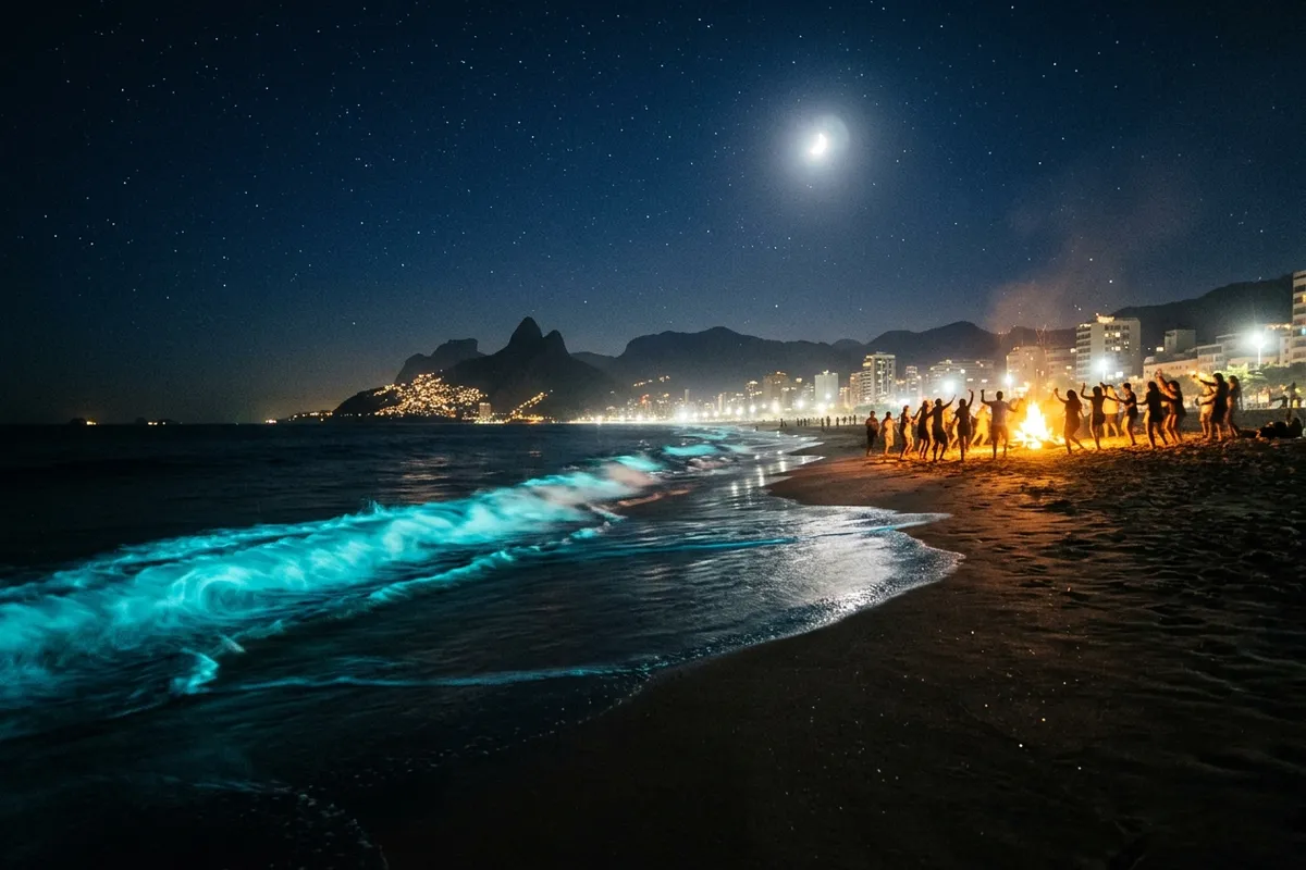 Plage de nuit, ambiance chaude et festive, souvenir de Copacabana