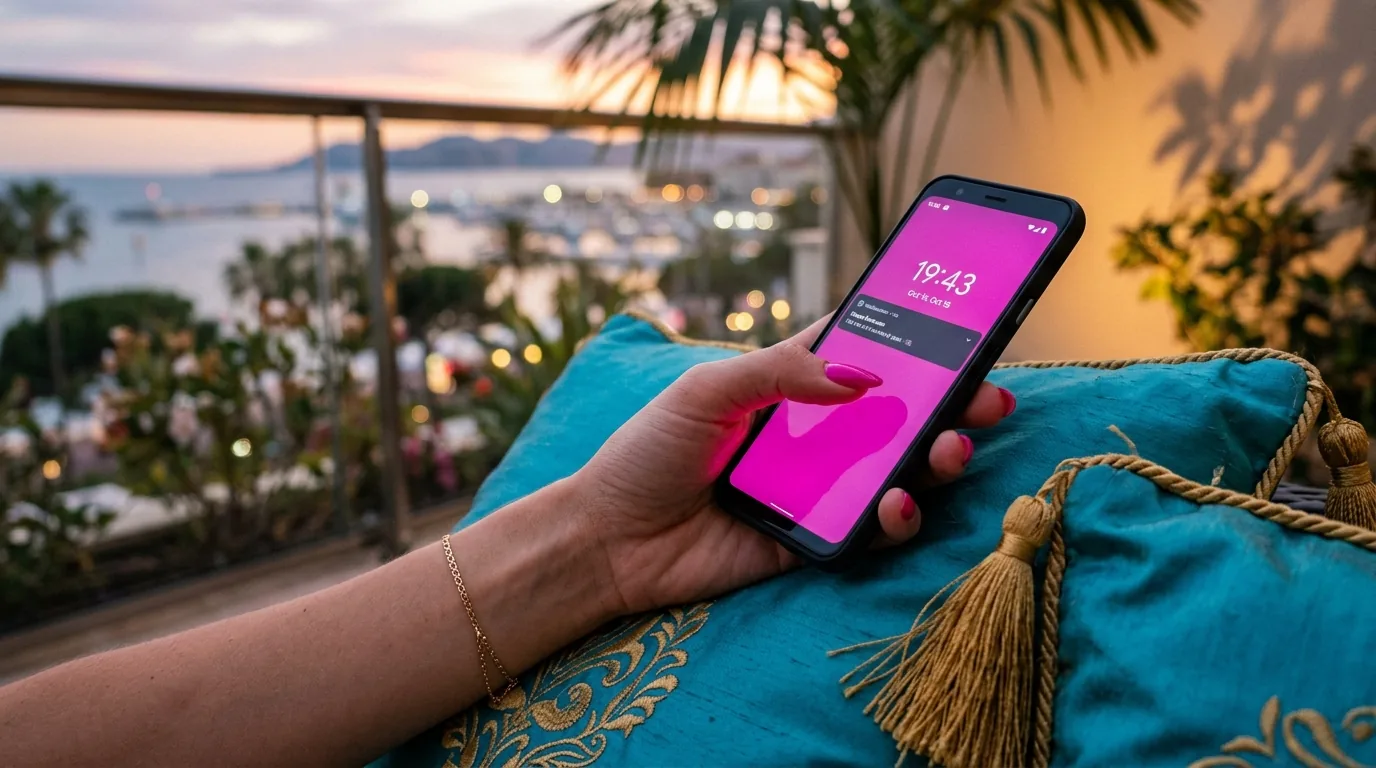 Tel rose trans — main de Bianca avec ongles magenta tenant un téléphone, ambiance Copacabana Hot turquoise